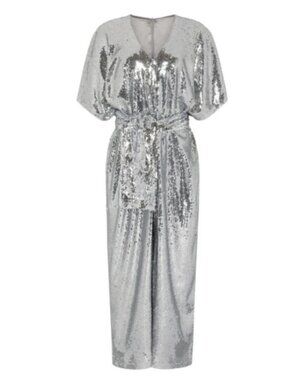 NALÈ Silver Sequin Palazzo Jumpsuit, Sz 12 / UK 16, Silk‑Lined, Retails $442